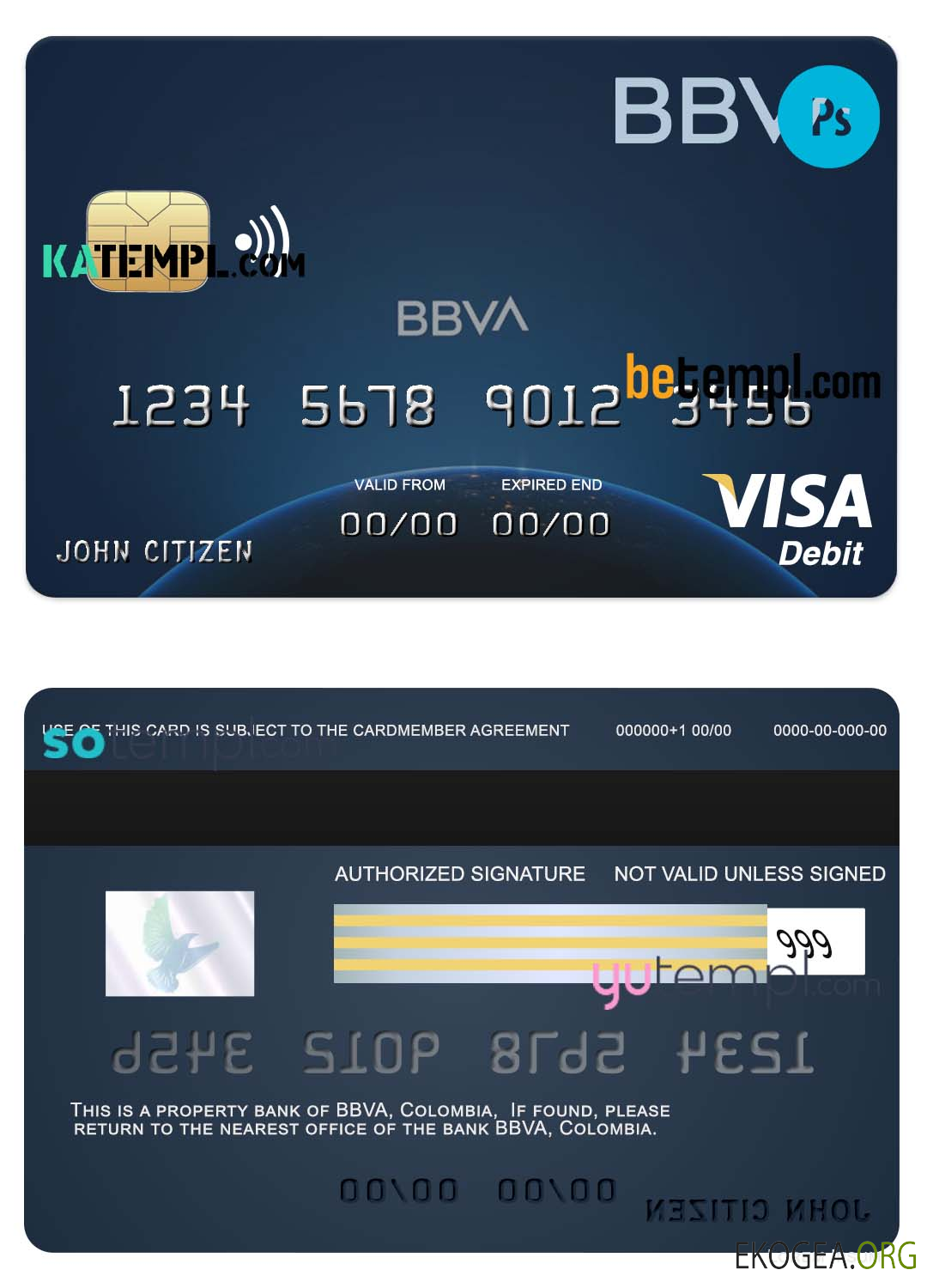 Modèle de carte de débit visa bancaire Colombie BBVA au format PSD, entièrement modifiable